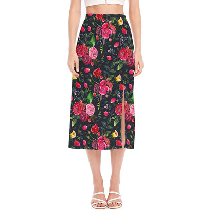 Roses Floral Flower Pattern Print Side Slit Midi Skirt