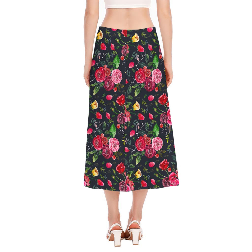 Roses Floral Flower Pattern Print Side Slit Midi Skirt