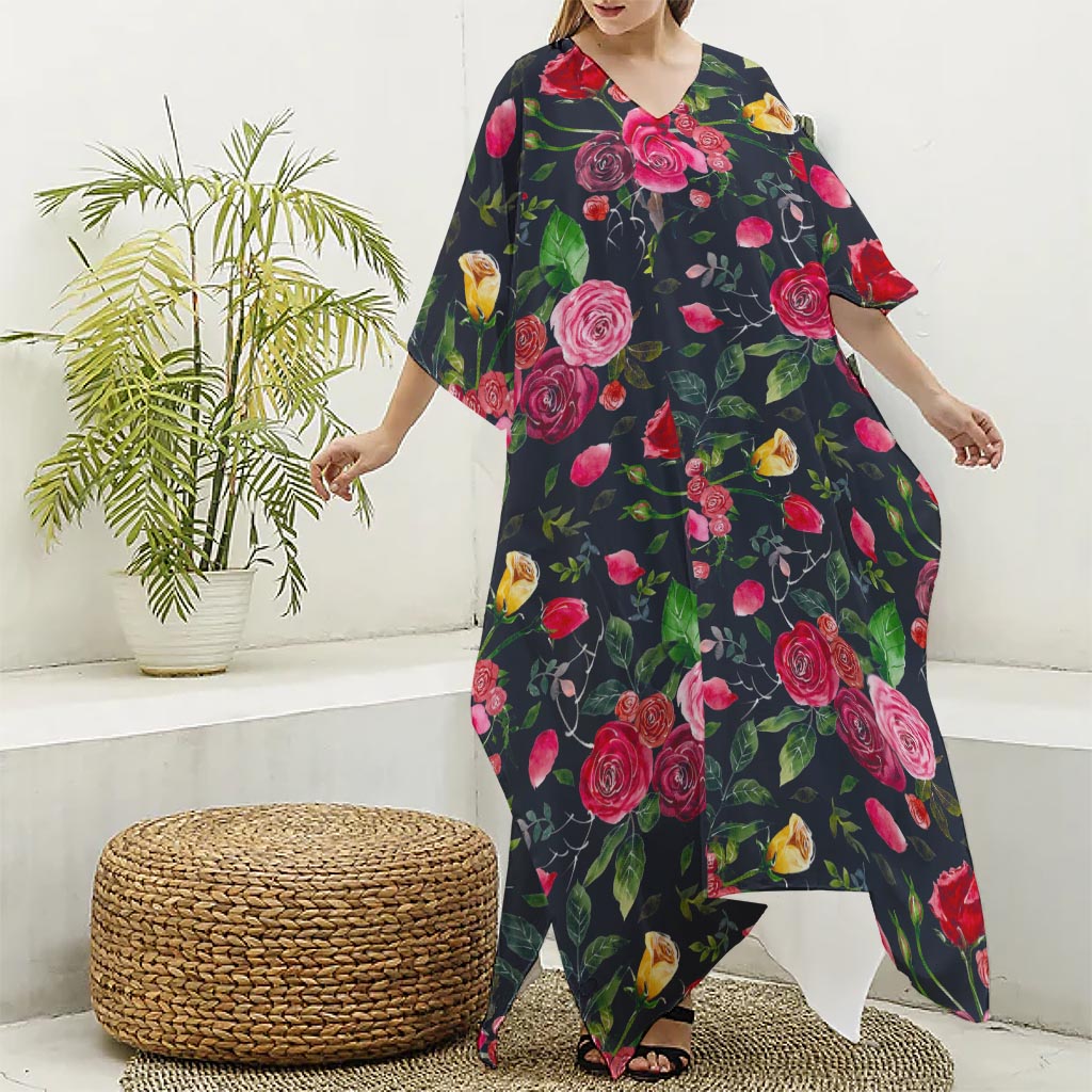 Roses Floral Flower Pattern Print Silk V-Neck Kaftan Dress