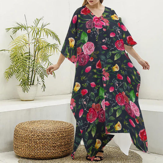 Roses Floral Flower Pattern Print Silk V-Neck Kaftan Dress