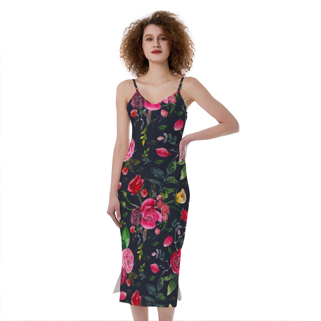 Roses Floral Flower Pattern Print Slim Fit Midi Cami Dress