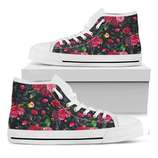 Roses Floral Flower Pattern Print White High Top Sneakers
