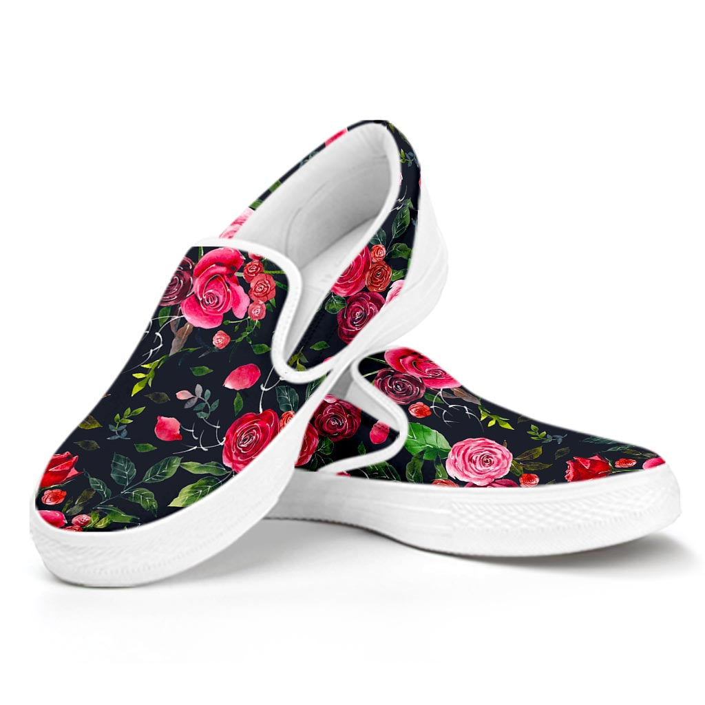 Roses Floral Flower Pattern Print White Slip On Sneakers