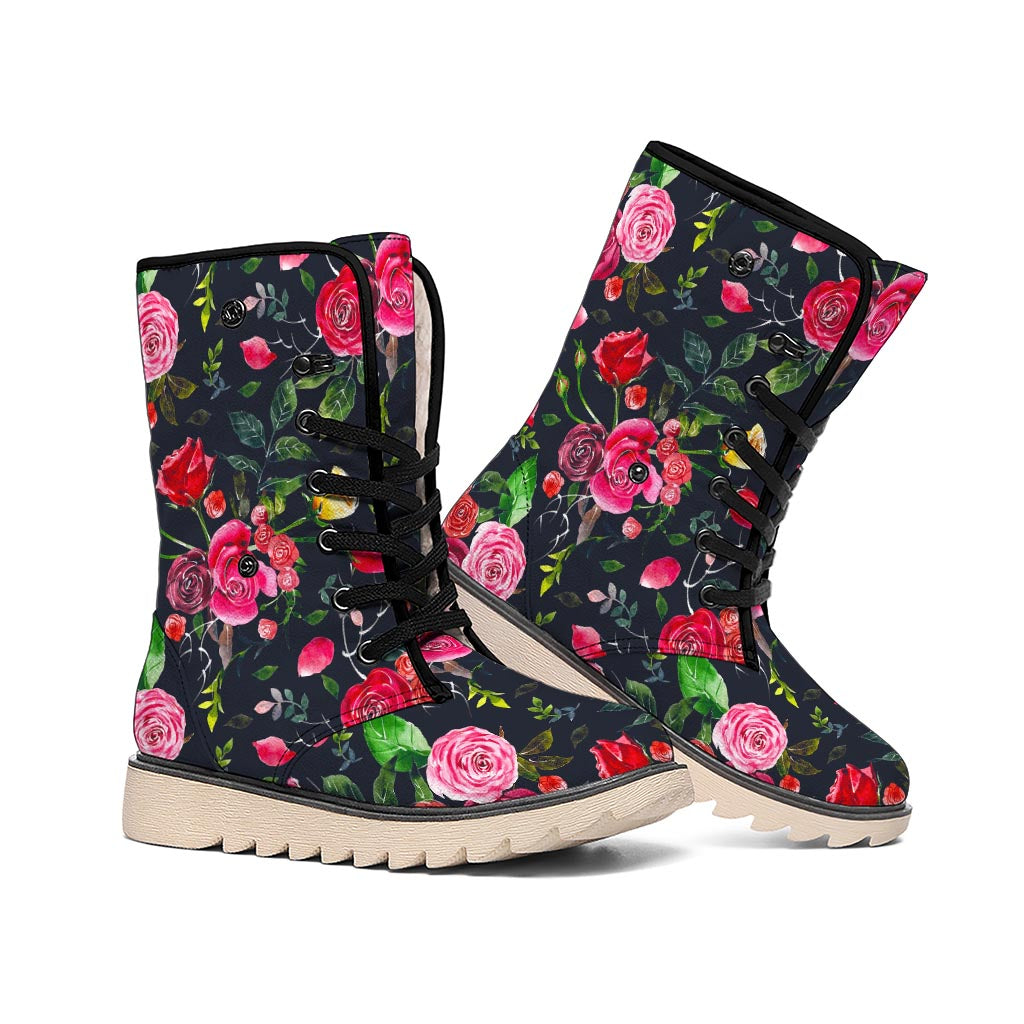 Roses Floral Flower Pattern Print Winter Boots