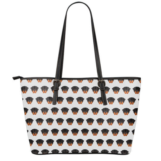 Rottweiler Face Pattern Print Leather Tote Bag
