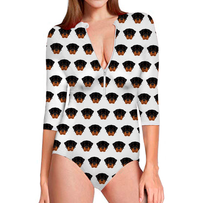 Rottweiler Face Pattern Print Long Sleeve Swimsuit