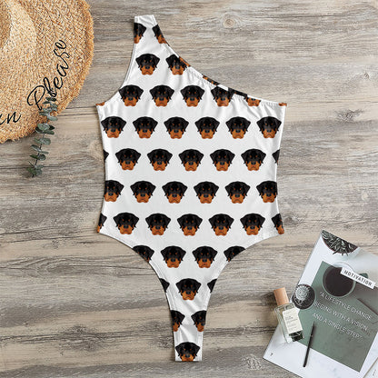 Rottweiler Face Pattern Print One Shoulder Bodysuit