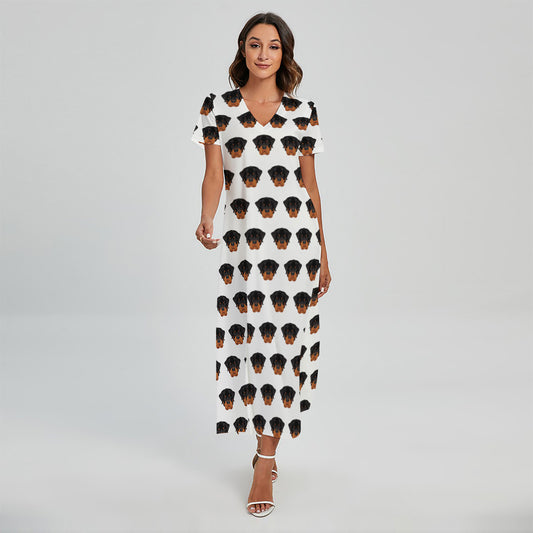 Rottweiler Face Pattern Print Short Sleeve Maxi Dress