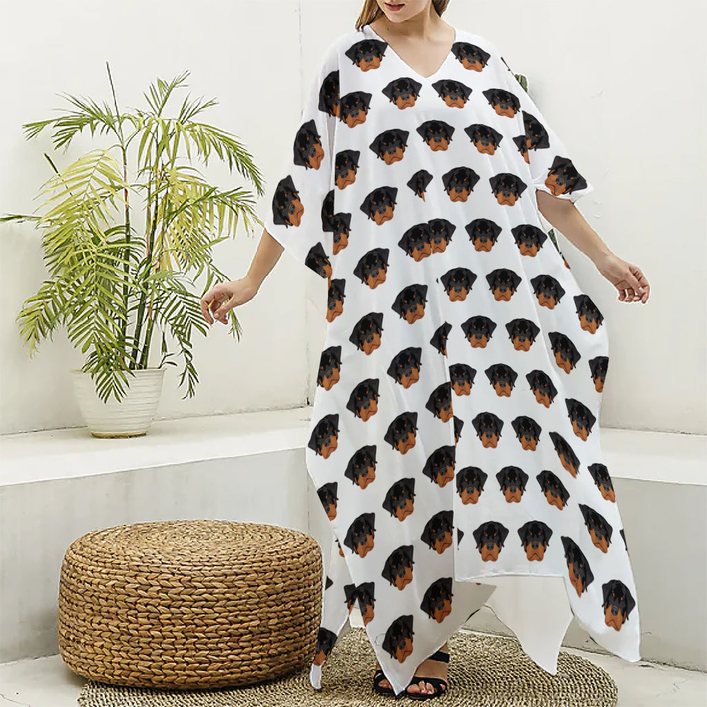 Rottweiler Face Pattern Print Silk V-Neck Kaftan Dress