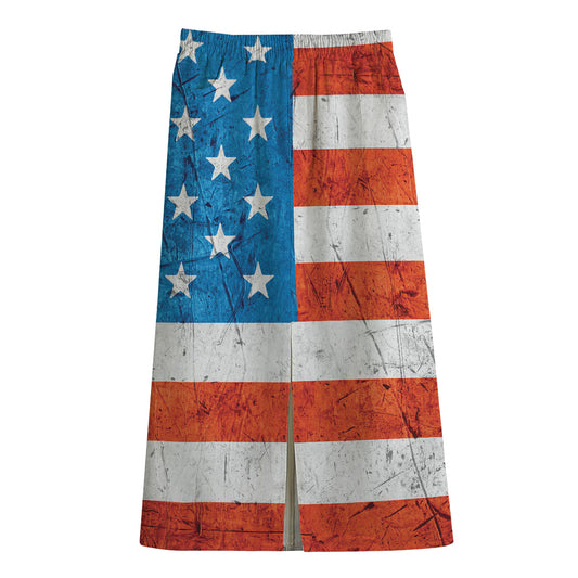 Rough USA Flag Print Cotton Front Slit Maxi Skirt