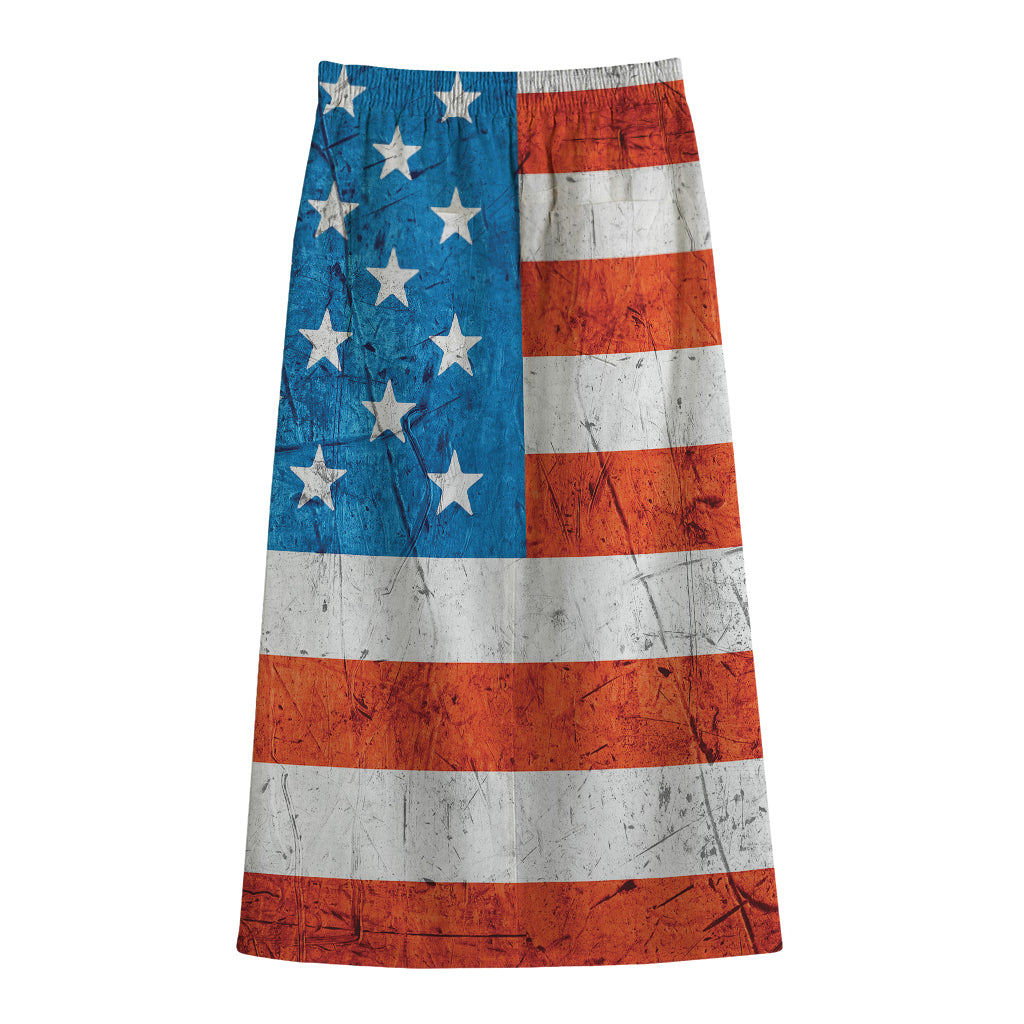Rough USA Flag Print Cotton Front Slit Maxi Skirt