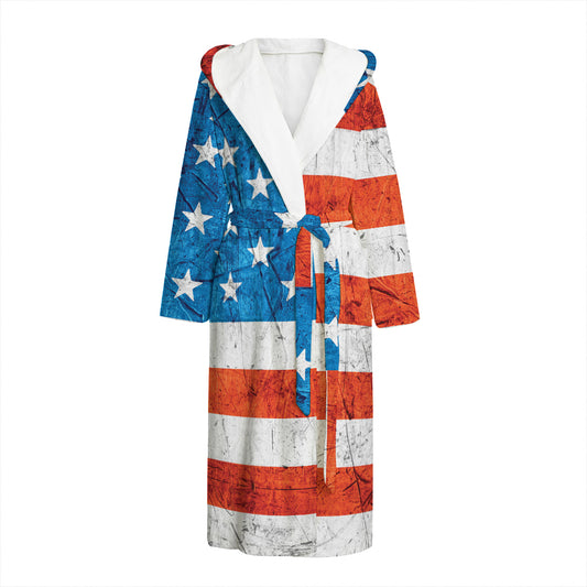 Rough USA Flag Print Hooded Bathrobe