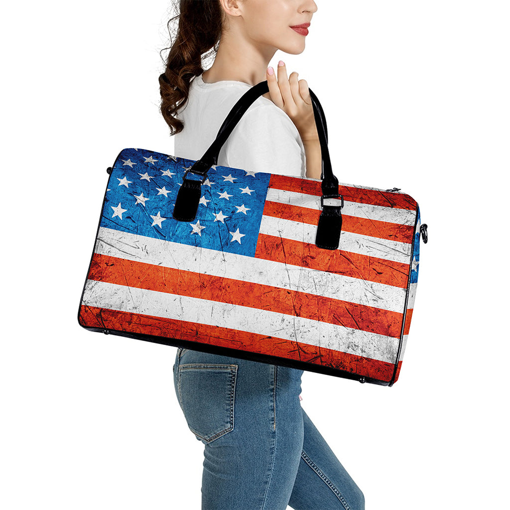 Rough USA Flag Print Leather Duffle Bag