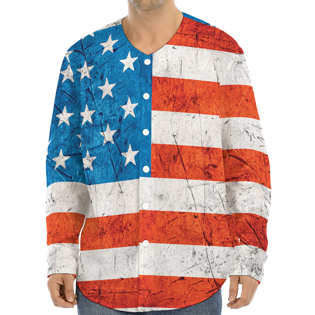 Rough USA Flag Print Long Sleeve Baseball Jersey