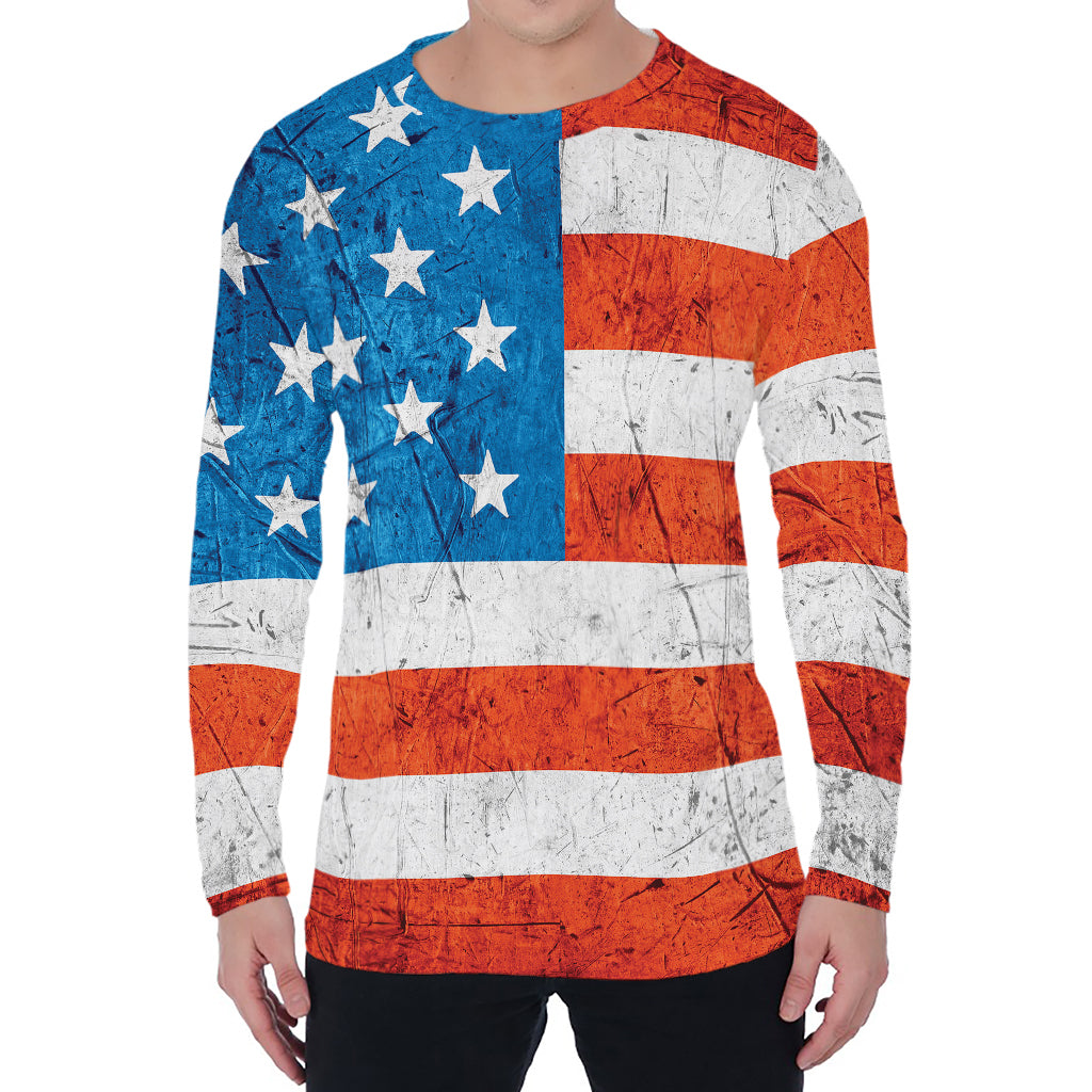 Rough USA Flag Print Men's Long Sleeve T-Shirt