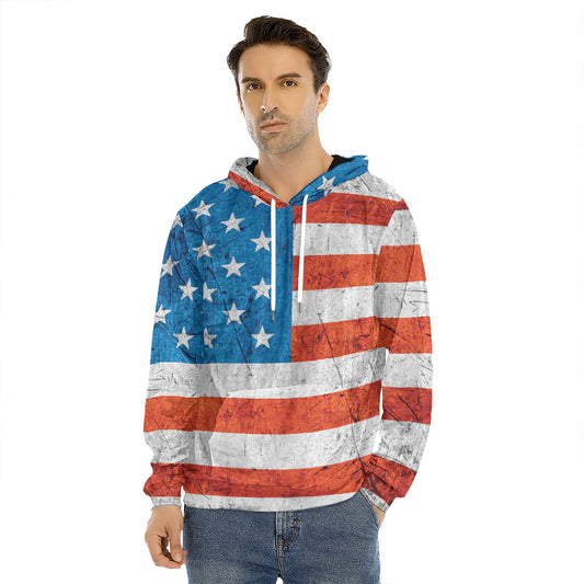 Rough USA Flag Print Men's Velvet Pullover Hoodie