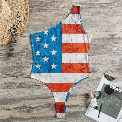 Rough USA Flag Print One Shoulder Bodysuit