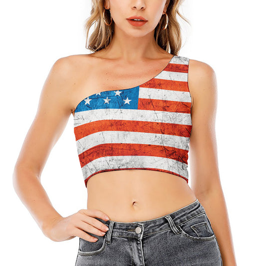 Rough USA Flag Print One Shoulder Crop Top