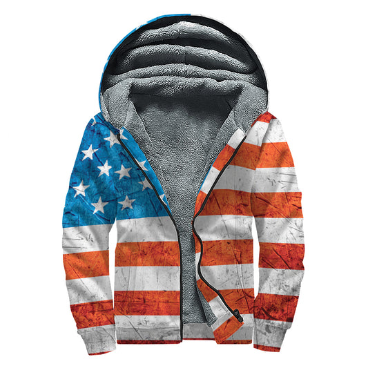 Rough USA Flag Print Sherpa Lined Zip Up Hoodie