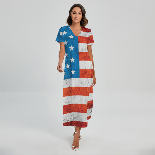 Rough USA Flag Print Short Sleeve Maxi Dress