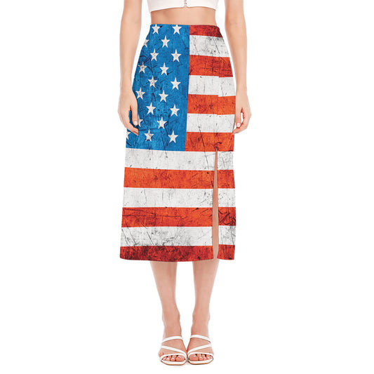 Rough USA Flag Print Side Slit Midi Skirt