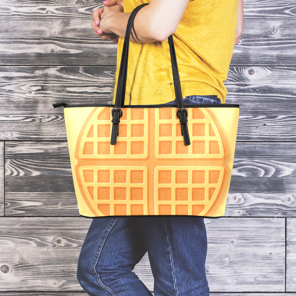 Round Waffle Print Leather Tote Bag