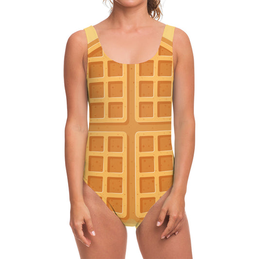 Round Waffle Print One Piece Swimsuit