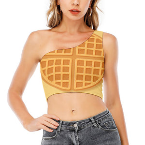 Round Waffle Print One Shoulder Crop Top