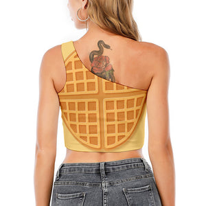 Round Waffle Print One Shoulder Crop Top