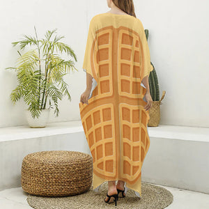 Round Waffle Print Silk V-Neck Kaftan Dress