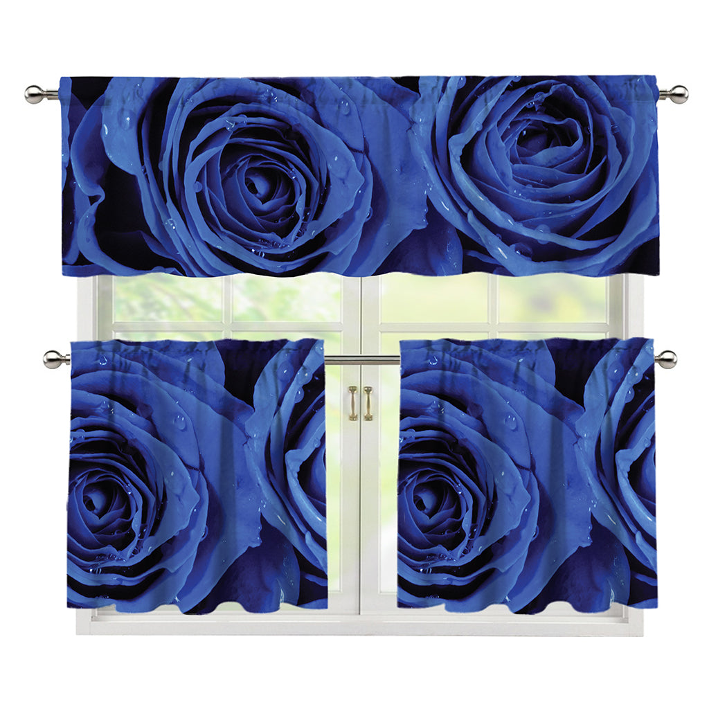 Royal Blue Rose Print 3 Piece Kitchen Curtains
