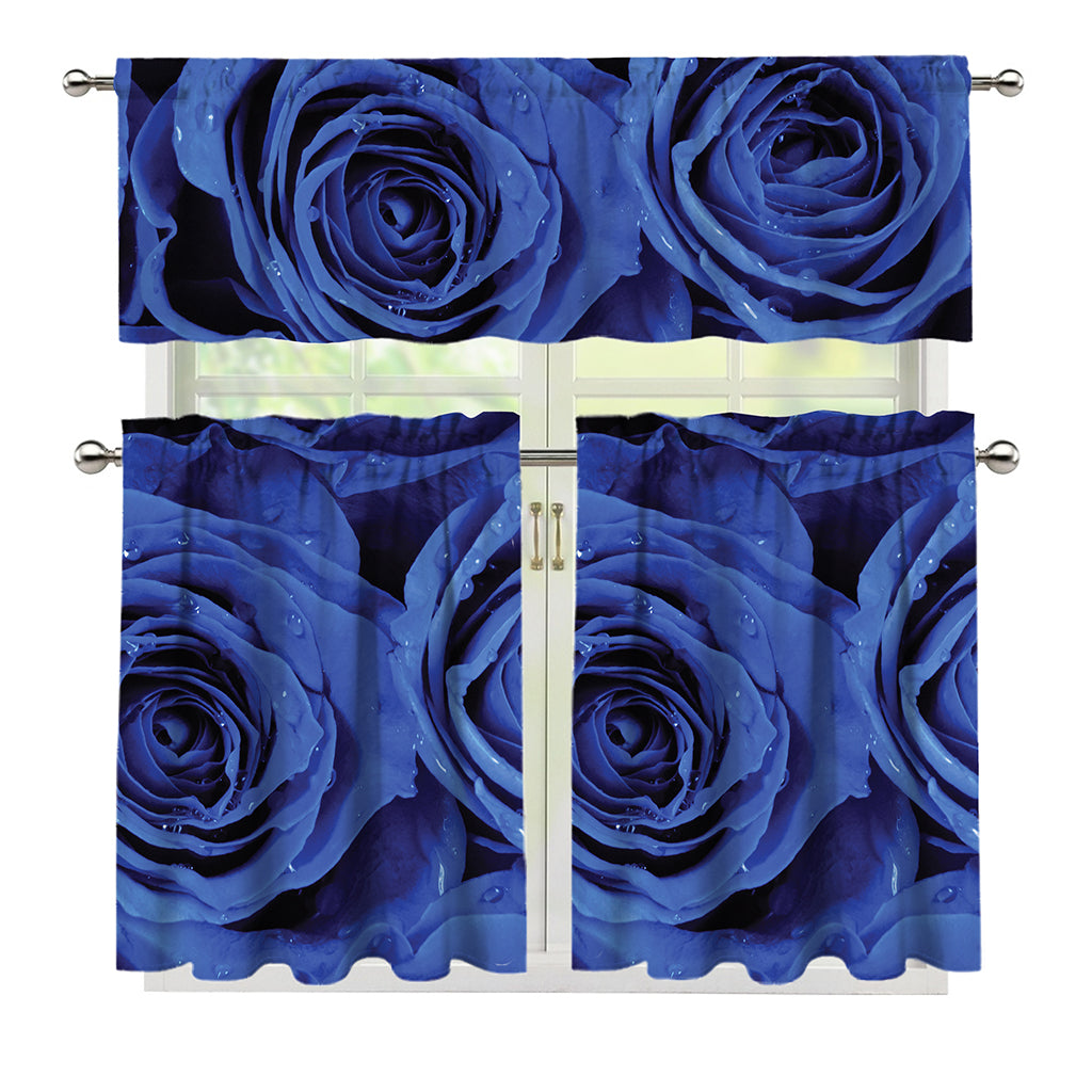 Royal Blue Rose Print 3 Piece Kitchen Curtains