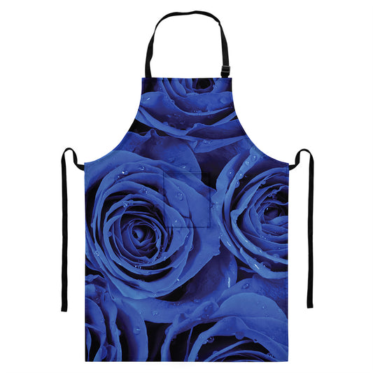 Royal Blue Rose Print Bib Apron With Pocket