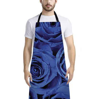 Royal Blue Rose Print Bib Apron With Pocket