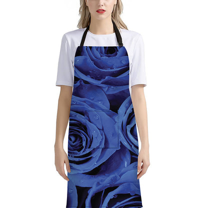 Royal Blue Rose Print Bib Apron With Pocket