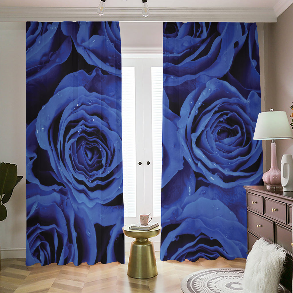 Royal Blue Rose Print Blackout Pencil Pleat Curtains