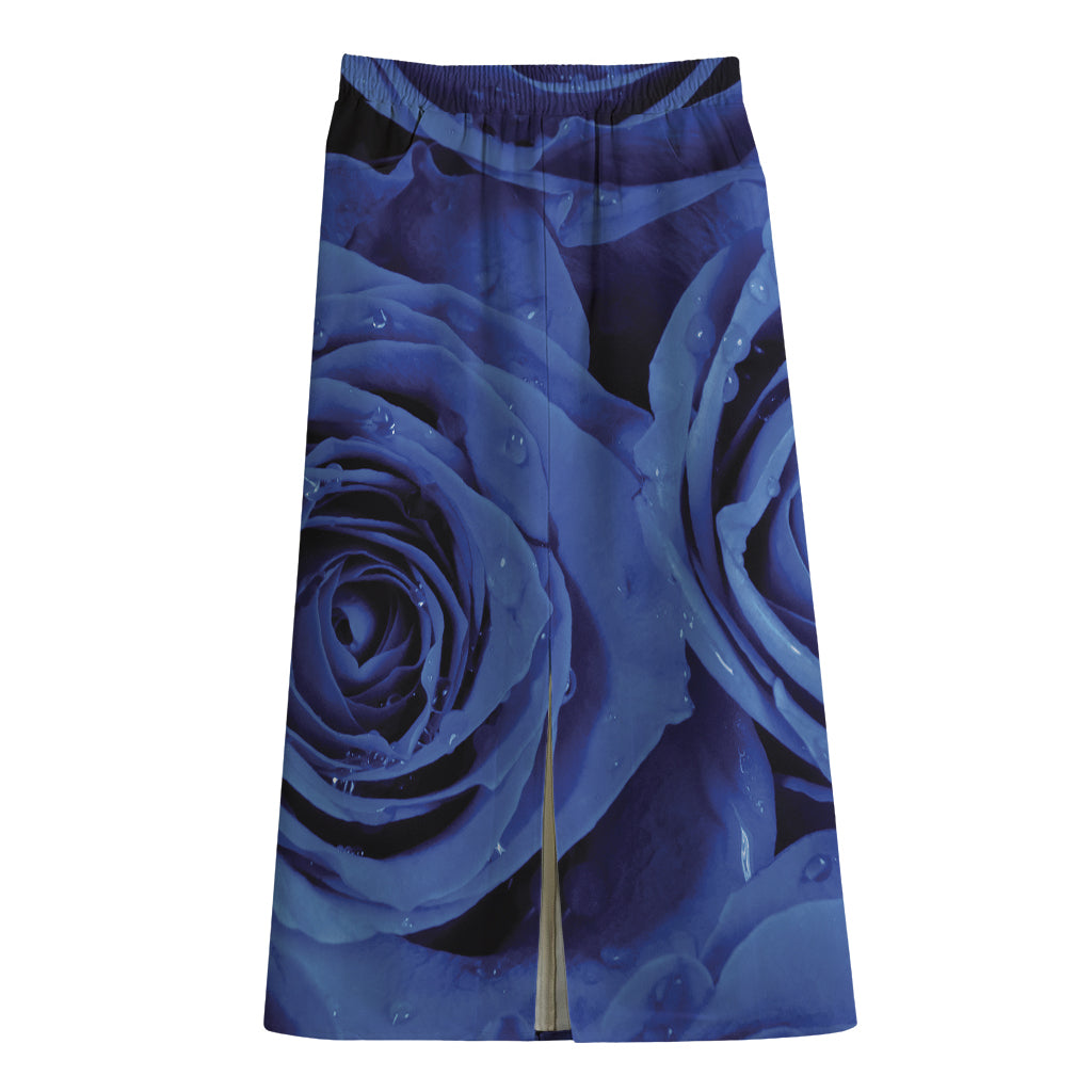 Royal Blue Rose Print Cotton Front Slit Maxi Skirt