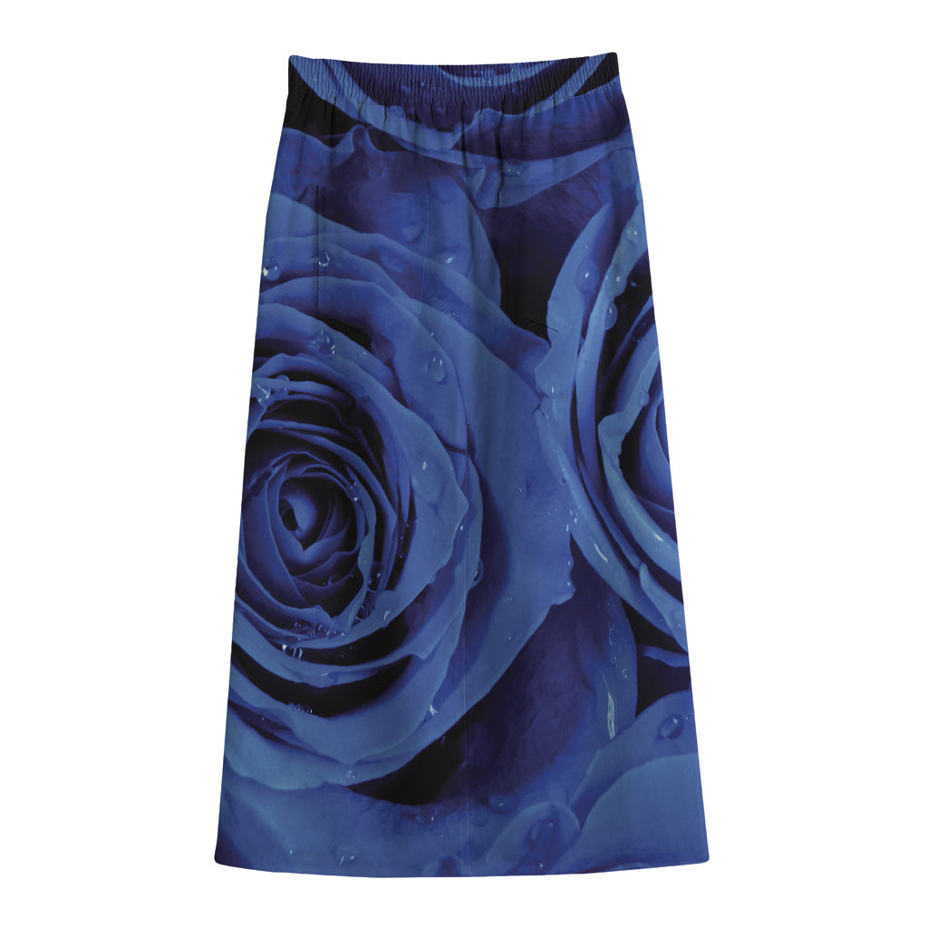Royal Blue Rose Print Cotton Front Slit Maxi Skirt