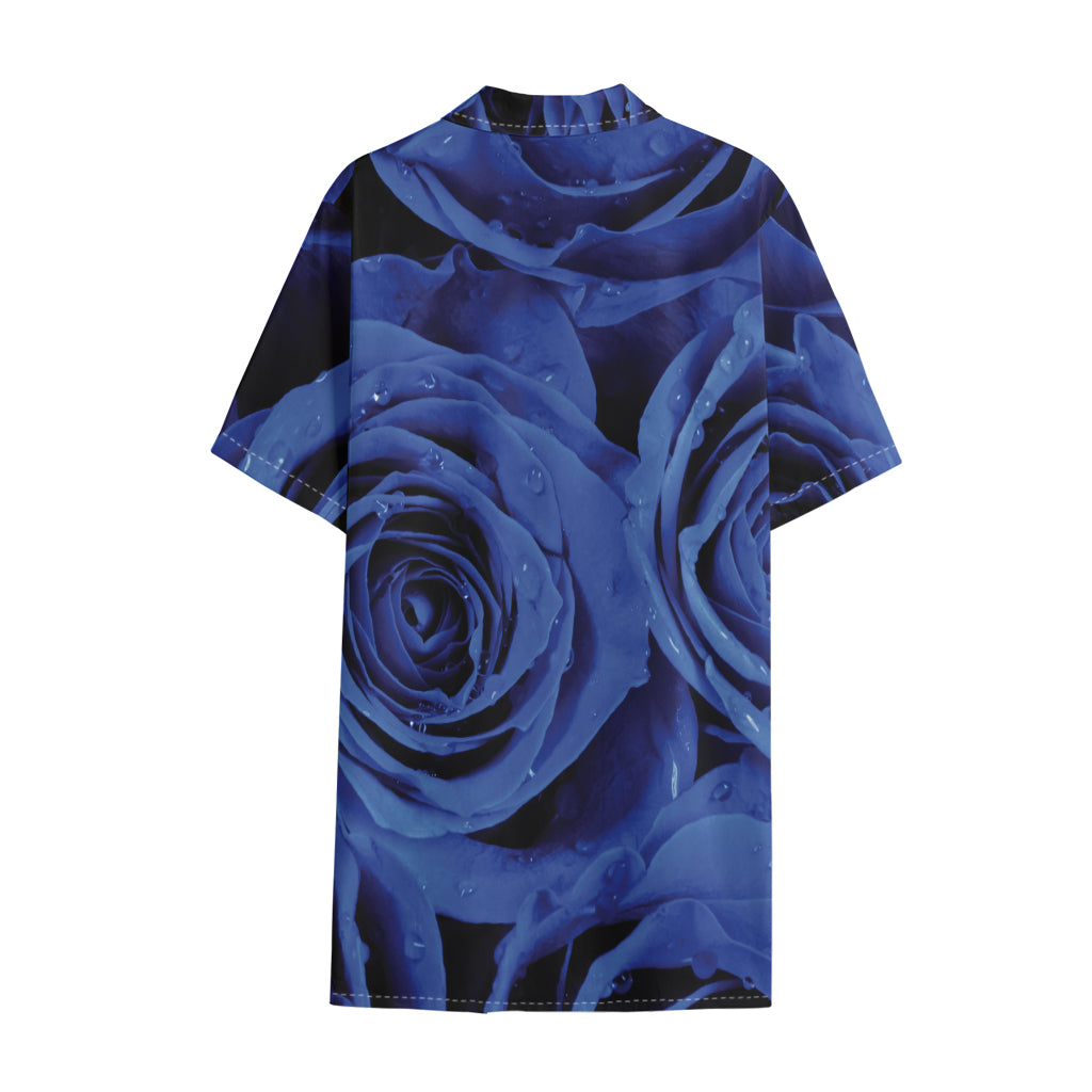 Royal Blue Rose Print Cotton Hawaiian Shirt