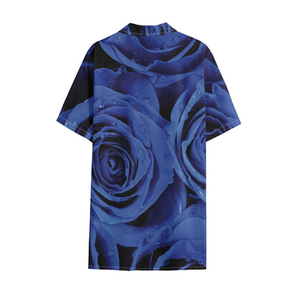 Royal Blue Rose Print Cotton Hawaiian Shirt