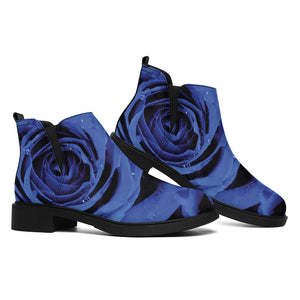 Royal Blue Rose Print Flat Ankle Boots