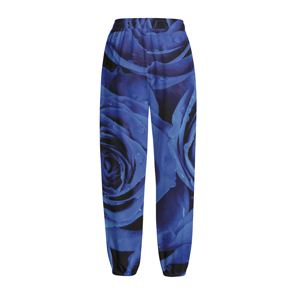 Royal Blue Rose Print Fleece Lined Knit Pants