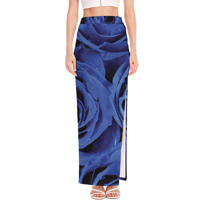 Royal Blue Rose Print High Slit Maxi Skirt