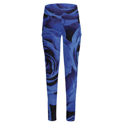 Royal Blue Rose Print High-Waisted Pocket Leggings