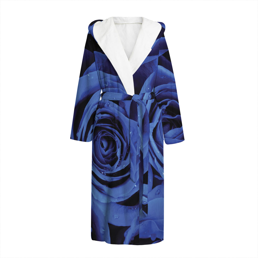 Royal Blue Rose Print Hooded Bathrobe