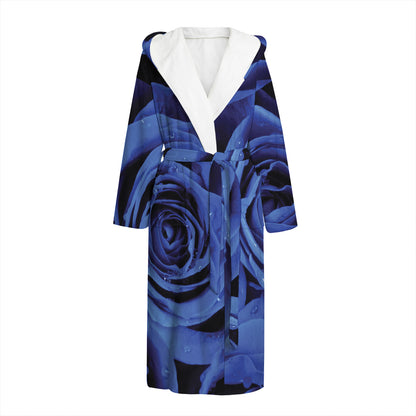 Royal Blue Rose Print Hooded Bathrobe