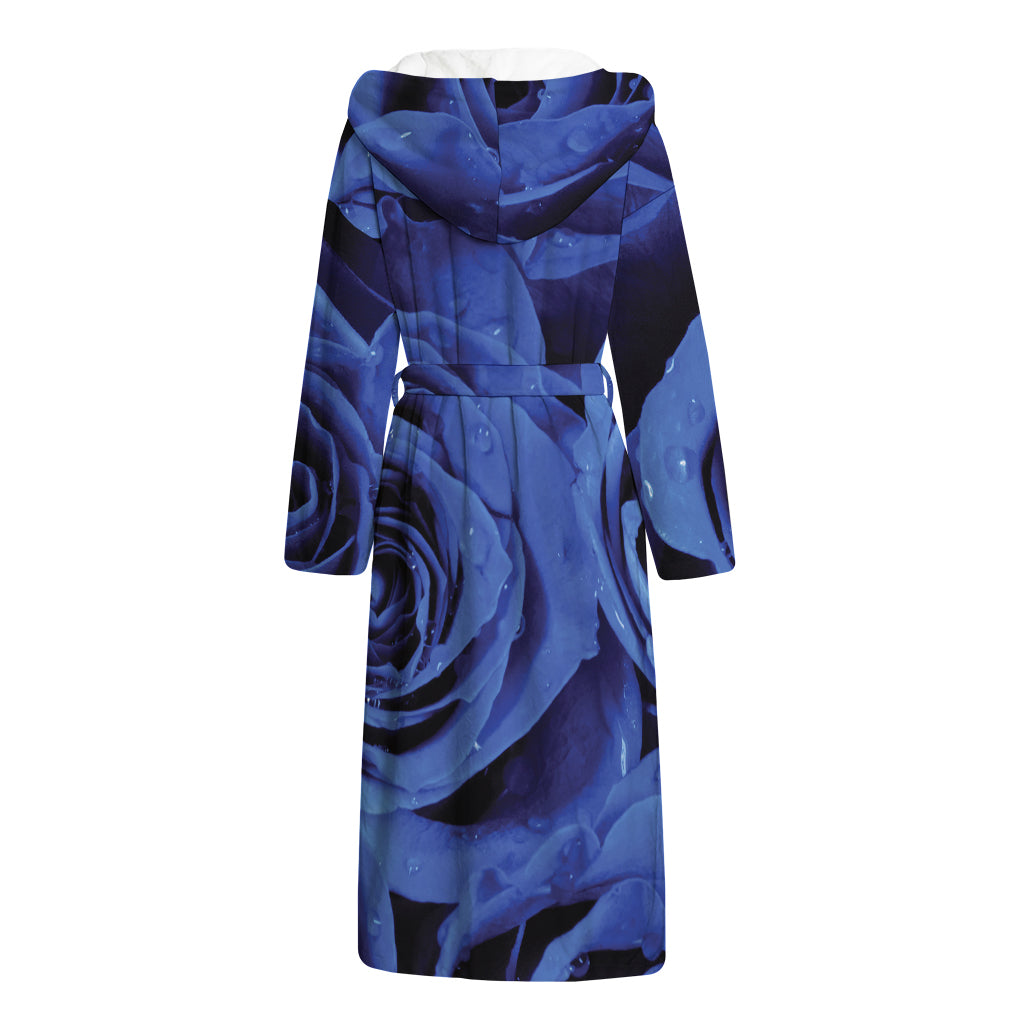 Royal Blue Rose Print Hooded Bathrobe