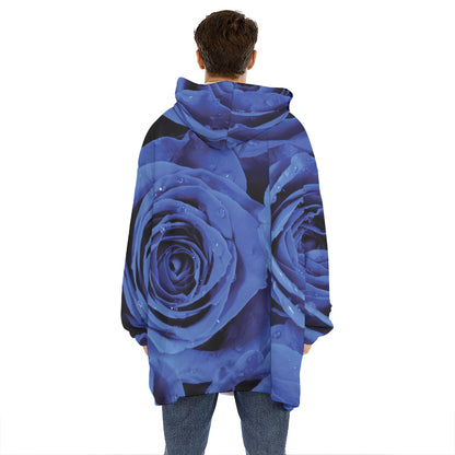 Royal Blue Rose Print Hoodie Blanket