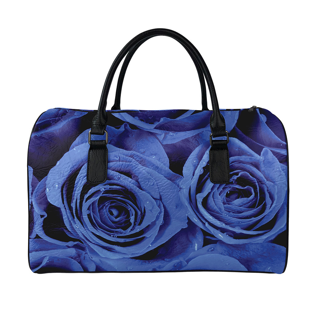 Royal Blue Rose Print Leather Duffle Bag