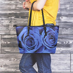 Royal Blue Rose Print Leather Tote Bag
